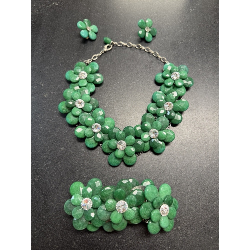 Green Faceted Stone Flower Necklace Bracelet Clip Earrings Set Rhinestone